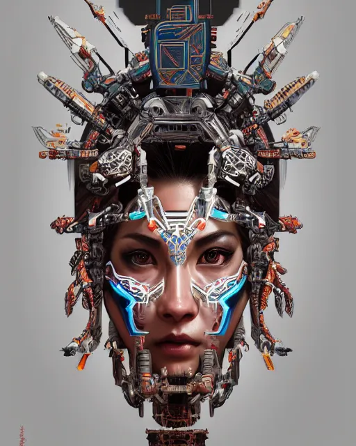 Image similar to symmetry!! portrait of a machine from horizon zero dawn, machine face, decorated with chinese opera motifs, intricate, elegant, highly detailed, digital painting, artstation, concept art, smooth, sharp focus, illustration, art by artgerm and greg rutkowski and alphonse mucha, 8 k