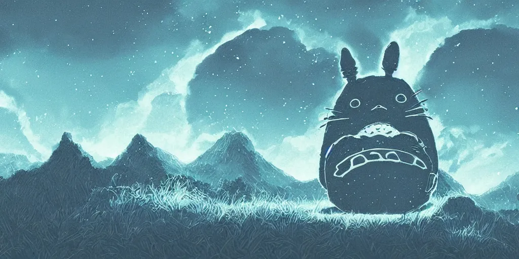 Prompt: glowing wireframe totoro, mountain landscape, night sky, digital art, digital painting, celestial, majestic, colorful