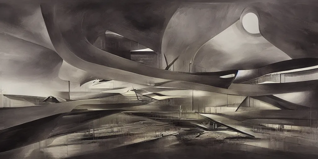 Prompt: Zaha Hadid works and le corbusier works and Mies van der rohe wrok in the same photo inspired by Where weird things happen by Daniele Gay on art station and inspired by Mining by Risa lin on art station