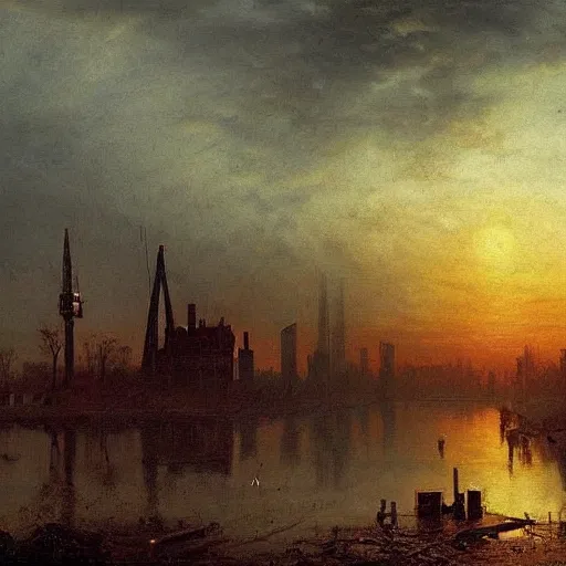 Prompt: a post apocalyptic landscape of amsterdam after a nuclear war, beautiful radioactive sunset lighting, beautiful painting, painted by albert bierstadt