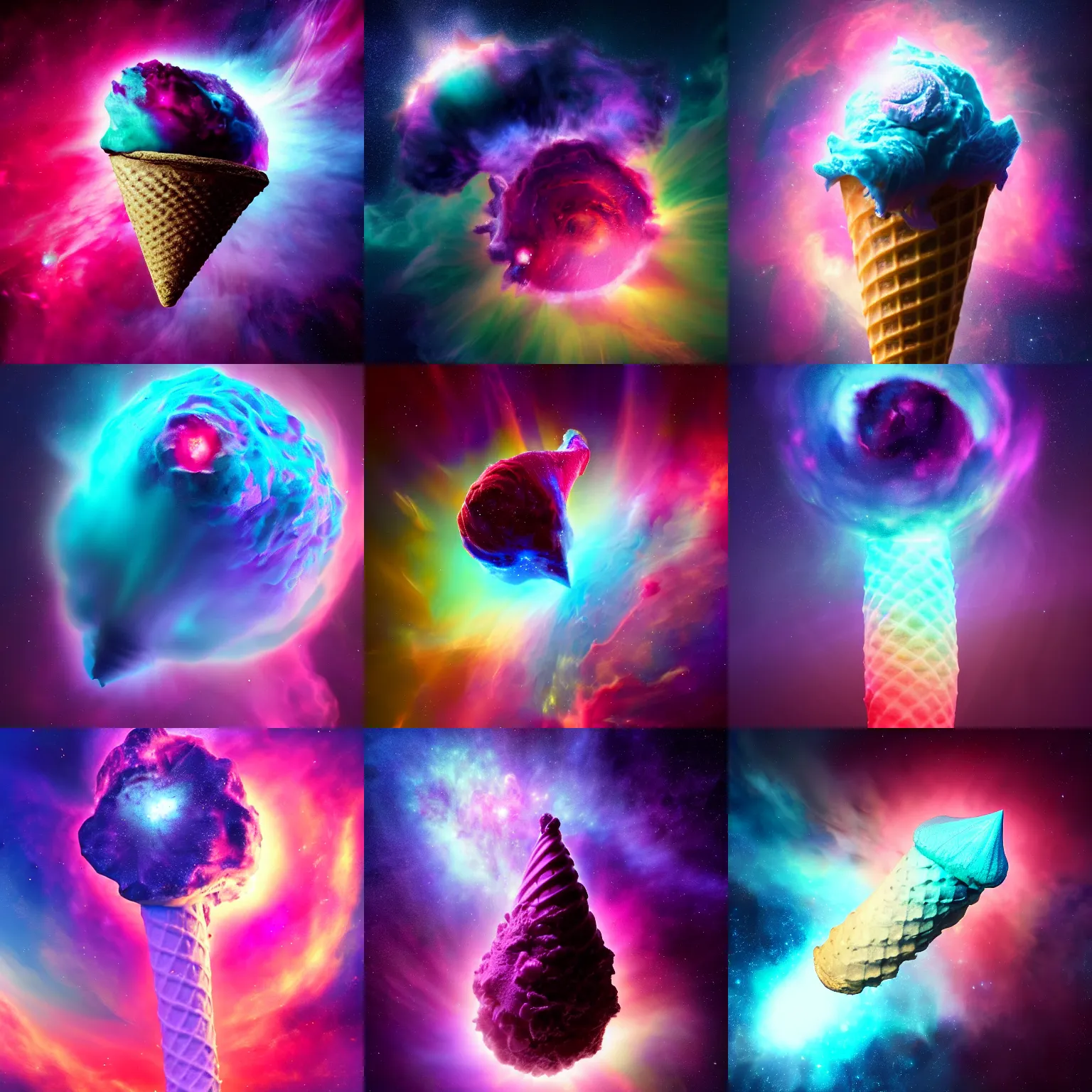 Prompt: dramatic render of a cosmic ice cream cone floating in a beautiful nebula, radiating with a supernova of flavors, matte, cgsociety, artstation, 4 k