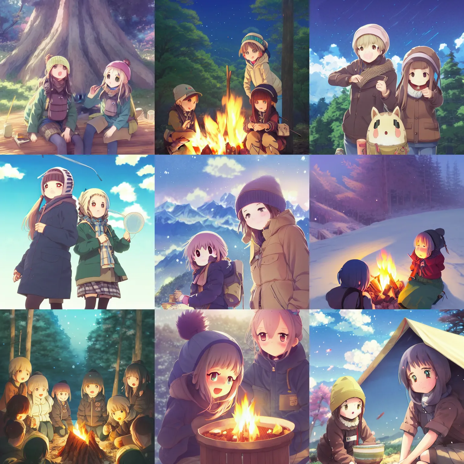 Image similar to anime yuru camp yama no susume cute girls around campfire trending on artstation hyperdetailed eyes cute moe Unreal Engine 4k 8k ultra HD illustration digital pixiv concept art manga cover by Stanley Artgerm Lau, WLOP, Rossdraws, James Jean, Andrei Riabovitchev, Marc Simonetti, and Sakimichan