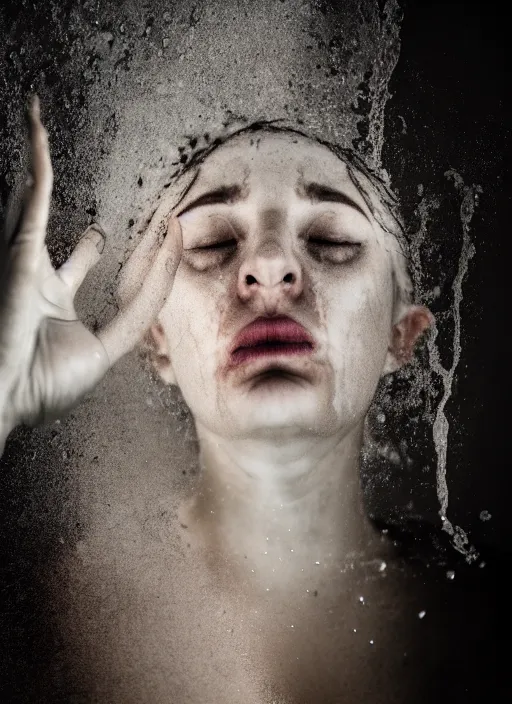 Image similar to conceptual photography portrait of a woman dissolving into water, panic, washing away, fading to nothing, inevitability, agony, surreal portrait, moody, helpless, hopeless, 4 k