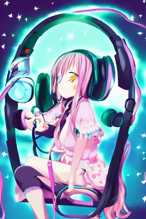 Image similar to an anime catgirl listening to music on headphones, candy pastel, backlighting, trending on pixiv