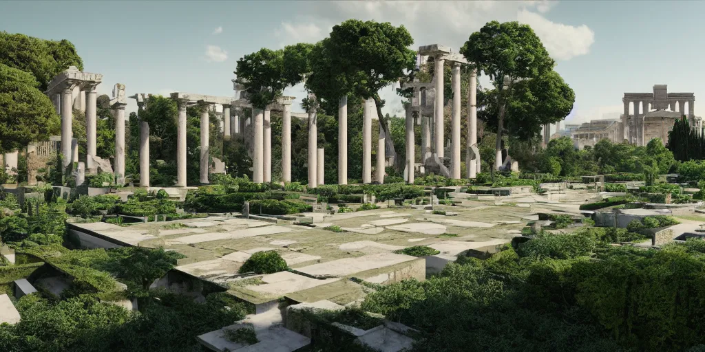 Prompt: A geometric verdant classical garden based on the architecture of carlo scarpa in a future megacity, large travertine temples, roman senators in the foreground, sci-fi, light blue sky with clouds, style of syd mead, 4k museum photograph, octane render, photorealistic, hyperrealism