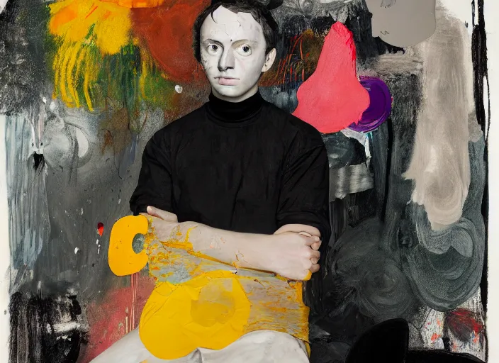 Prompt: portrait of a young painter with creative block sitting on a stool painted by vincent lefevre and hernan bas and pat steir and hilma af klint and danny fox, psychological, photorealistic, symmetrical face, dripping paint, washy brush, rendered in octane, altermodern, masterpiece