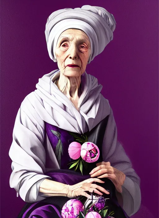 Image similar to portrait of a old year woman with a headscarf a dress of bones and many peonies snake smoke, purple colour scheme, full length, masterpiece, dark background, art by caravaggio, artstation