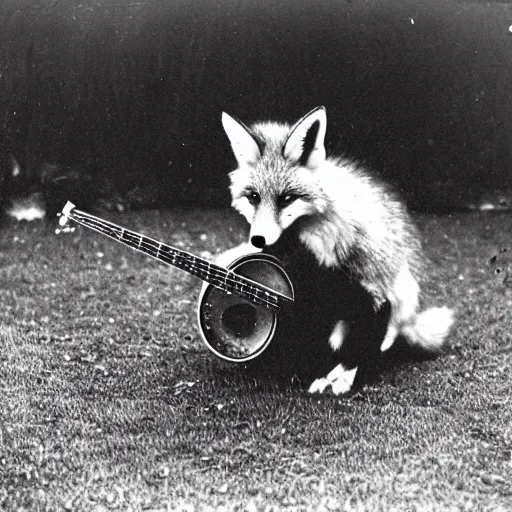 Image similar to Kodak photograph of a fox playing banjo, circa 1912