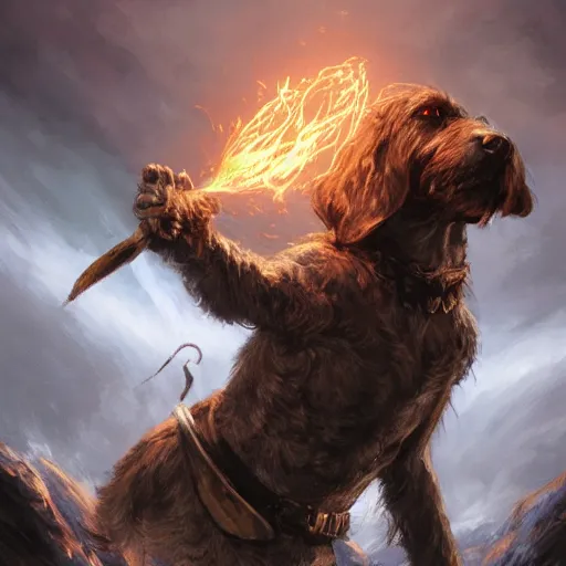 Image similar to Dog Anthropomorphized, casting epic spell, magic the gathering artwork, D&D, fantasy, cinematic lighting, centered, symmetrical, highly detailed, digital painting, artstation, concept art, smooth, sharp focus, illustration, volumetric lighting, epic Composition, 8k, art by Akihiko Yoshida and Greg Rutkowski and Craig Mullins and Daniel Dociu, heroic pose, oil painting, cgsociety, magic lab background