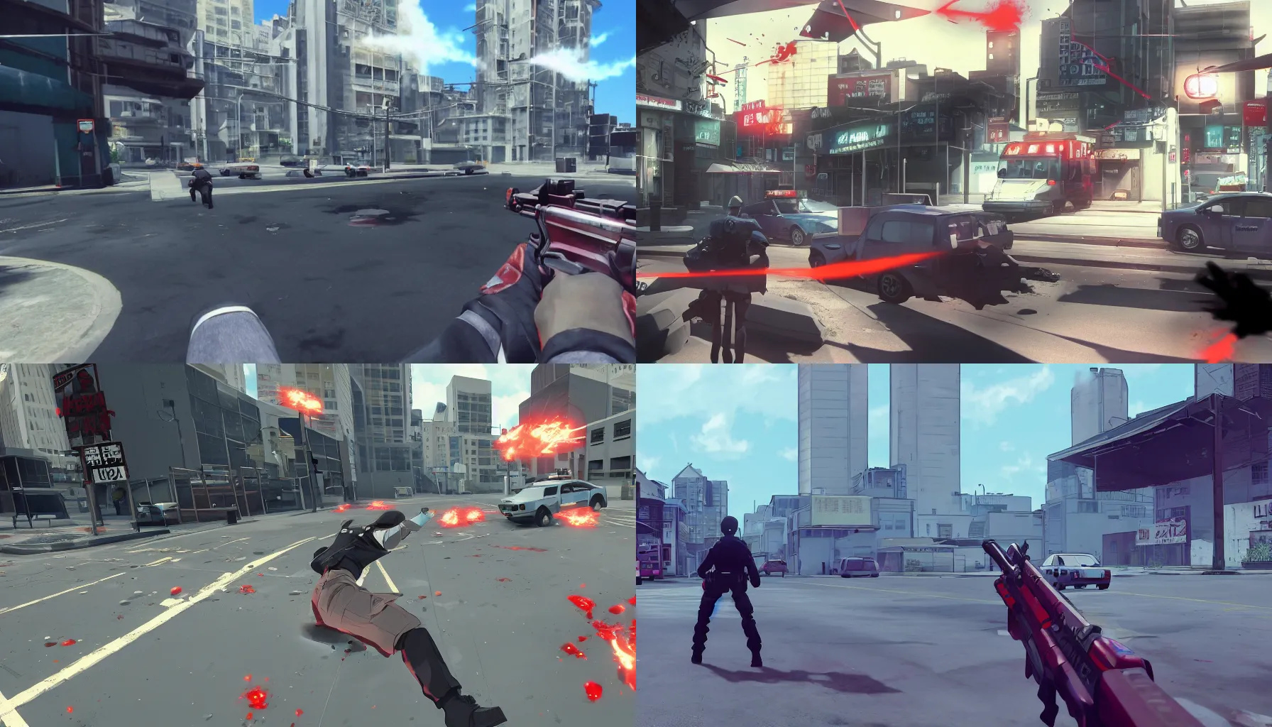 Prompt: a screenshot of a bloody shootout between Police and bank robbers in a multiplayer stealth first person bank robbery simulator game, set in 1998, anime style graphics inspired by Akira + Heat + FLCL, Unreal engine 5, anime bullet vfx, Highly Detailed, Vibrant, created by Arc System Works + Hideo Kojima + Studio Gainax