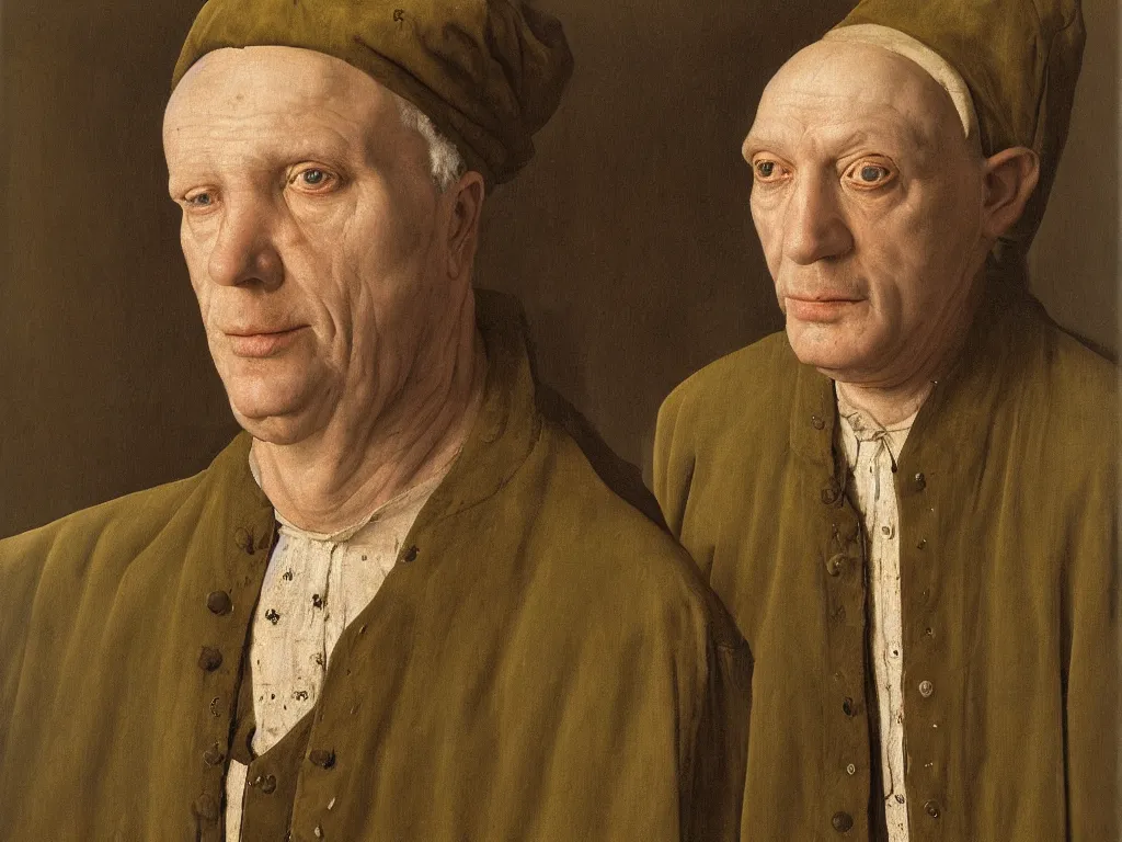 Image similar to portrait of a middle aged blind man. 21 th century clothes. Painting by Jan van Eyck, August Sander.