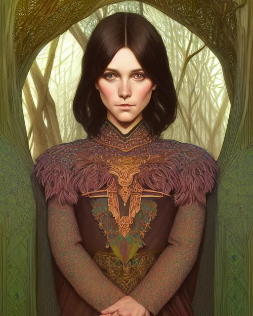 Prompt: symmetry portrait of welsh brunette princess with short hair, mans tunic, forest background, intricate, elegant, highly detailed, digital painting, artstation, concept art, smooth, sharp focus, illustration, art by artgerm and greg rutkowski and fra angelico and alphons mucha