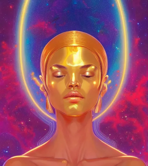 Image similar to a golden woman 2/3 figurative portrait, in space, head breaking apart and spiraling geometry into the sky upwards into another dimension, lazer light beaming down to top of her head, by james jean, artgerm, featured in artstation, elegant, Moebius, Greg rutkowski, anime