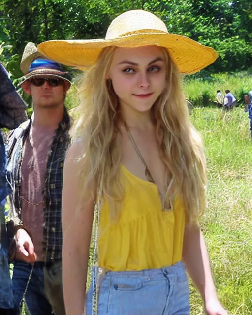 Prompt: annasophia robb with long blond hair, yellow shirt, straw hat, john bauer and bouguereau