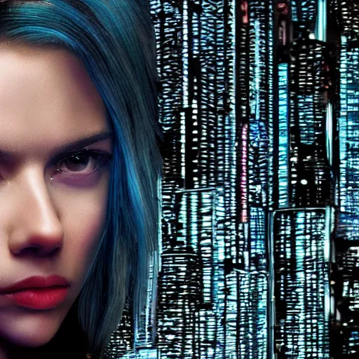 Image similar to a beautiful medium - shot still of scarlett johansson from ghost in the shell looking off into the distance, black hairs with sleek angled bob hairstyle, ultra realistic, soft, blue hour, soft neons light from night city falling on her face. focus on her eyes and brows. by annie leibowitz