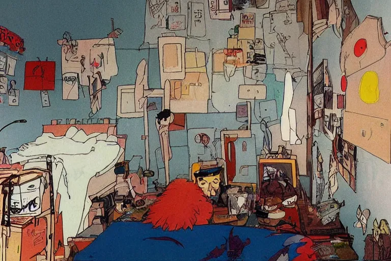 Prompt: messy bedroom, style of studio ghibli + moebius + basquiat, cute,