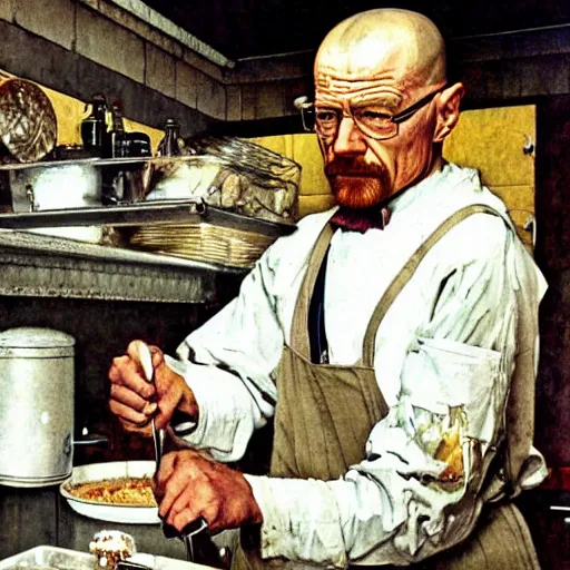 Prompt: Walter white cooking, Norman Rockwell