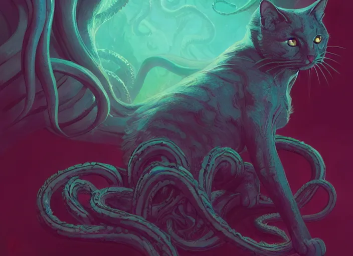 Prompt: cat and cthulhu mix, vibrant color scheme, highly detailed, in the style of romanticism, cinematic, artstation, Moebius, Greg rutkowski