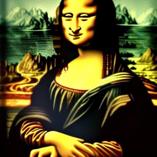 Image similar to a cryon drawing made by a child depicting simplified mona lisa,