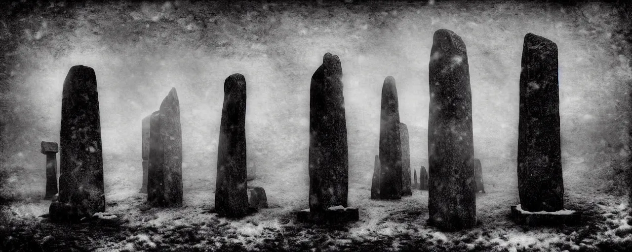 Prompt: a tintype photograph of the neolithic standing stones, by henry ossawa tanner and rembrandt, lit by gas lamps, black and white, grainy, snow, highly detailed, gloomy and foggy atmosphere, octane render, cinematic lighting, photographic emulsion cracked and peeling, 8 k, hd