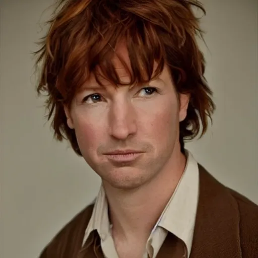 Image similar to award winning portrait of kelly reilly as a young man!!! bare ears, short!! brown!! hair and hazel!!! eyes, stubble