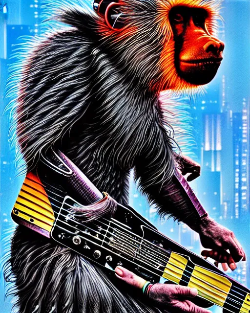 Prompt: a portrait of an anthropomorphic cyberpunk baboon shredding an electric guitar by sandra chevrier, by jon foster, detailed render, tape deck, epic composition, cybernetics, 4 k realistic, cryengine, realistic shaded lighting, sharp focus, masterpiece, by enki bilal