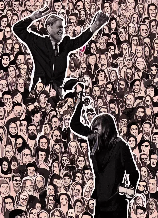 Image similar to Illustration of Jeremy Corybyn rocking on stage with Nirvana, rock, stage, music, digital art