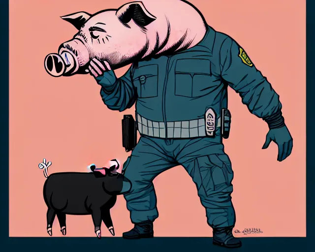 Image similar to a political cartoon showing a cell shaded policeman with a pig's head, illustration, full body wide shot, subtle colors, post grunge, concept art by josan gonzales and wlop, by james jean, Victo ngai, David Rubín, Mike Mignola, Laurie Greasley, highly detailed, sharp focus, alien, Trending on Artstation, HQ, deviantart, art by artgem