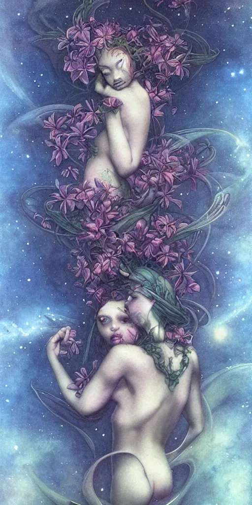 Image similar to tropical flowers, night sky background, nebula, beautiful! coherent! by brom, by brian froud, deep color, strong line, high contrast