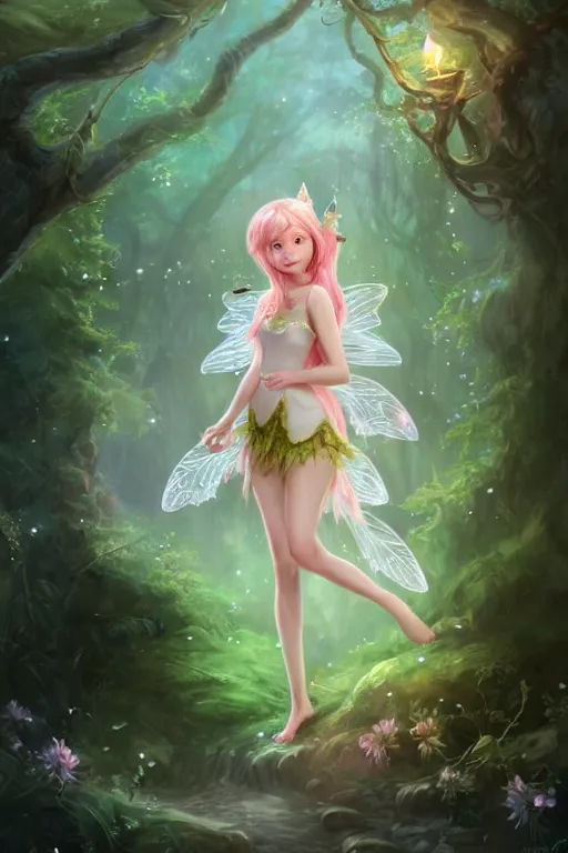 Image similar to a cute fairy in the dreamy forest, fantasy, dreamlike, 8 k resolution, hyper detailed, d & d, character design, digital painting, trending on artstation, sharp focus, illustration, art by viktoria gavrilenko, hoang lap, fuji choko, steve zheng