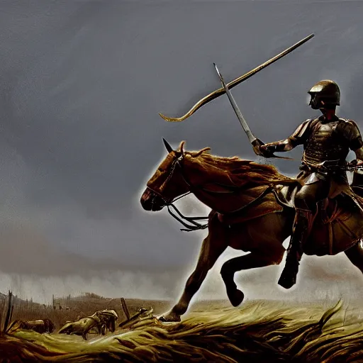 Prompt: Digital art of a tired spartan soldier riding horse on the battlefield in the style of an oil painting, acrylic, bleak, moonlight, detailed, dark, ominous, threatening, haunting, forbidding, gloomy,stormy, doom, apocalyptic,sinister, shadowy, ghostly,unnerving, harrowing, dreadful ,frightful, shocking, terror, hideous, ghastly, terrifying