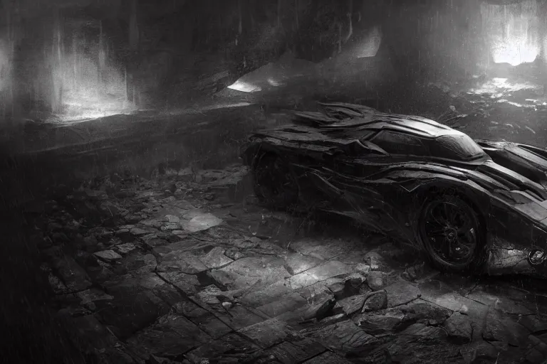 Image similar to the batmobile standing in a very dark and wet cave. highly detailed. intricate. mist. atmospheric. octane render. rim light. photoreal. 8 k. monochrome. cinematic. matte painting imagined by craig mullins and greg rutkowski. concept art, trending on artstation.