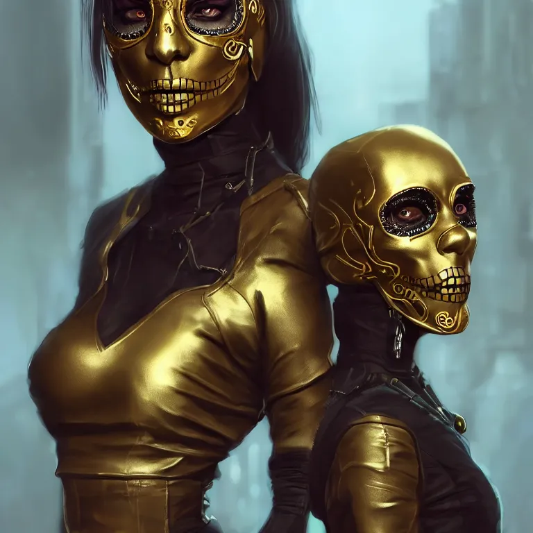 Image similar to cyberpunk female with a gold accented metallic sugar skull mask, concept art by jama jurabaev, cinematic shot, trending on artstation, hybrid from the elden ring and art direction by darius zawadzki ; by artgerm ; wayne reynolds art station ; cinematic quality character render ; low angle ; ultra high quality model ; production quality cinema model