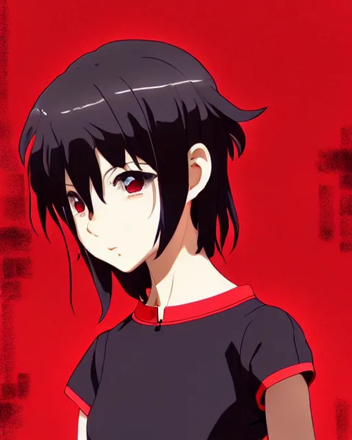 Image similar to makoto shinkai, artgerm, ilya kuvshinov, beautiful anime women with black red and red lace trim, black and red hair, wind powers symmetrical face, symmetrical eyes, detailed, field setting, cinematic lighting