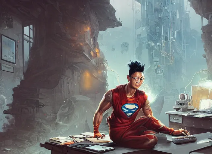 Image similar to an insanely detailed painting of an asian man wearing a homemade superhero costume, sitting at a desk, staring seriously at the computer and typing, in the style of peter mohrbacher, james jean, artgerm, dramatic lighting and composition, surreal background, octane render, pixar, trending on artstation, concept art, comic book, view from behind, 8 k