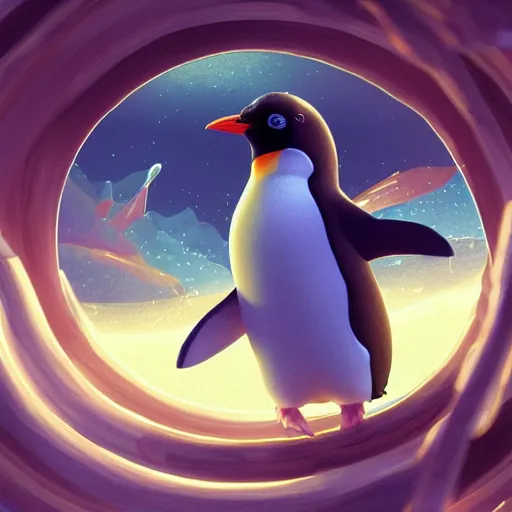 Image similar to magical penguin in a space station looking at the earth , realistic cinematic, volumetric lighting, centered, symmetrical, sharp focus, digital painting, mystical art, smooth, trending on Artstation, 4k