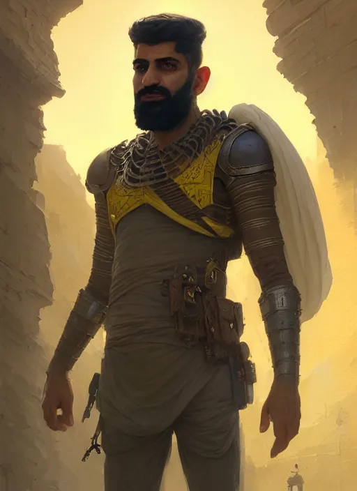 Prompt: highly detailed portrait arab man superhero, armor, yellow charcoal, stephen bliss, 8 k, unreal engine, fantasy art by greg rutkowski, loish, rhads, ferdinand knab, makoto shinkai and lois van baarle, ilya kuvshinov, rossdraws, tom bagshaw, global illumination, radiant light, detailed and intricate environment