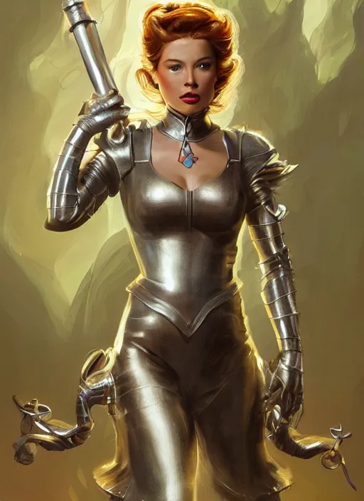 Prompt: beautiful female dorothy gale, rebecca romijn as dorothy, full body character concept, covered in full silver armor, armor plating, art nouveau, beautiful glowing emeralds, super powers, fantasy, intricate, elegant, highly detailed, digital painting, artstation, concept art, shining, sharp focus, illustration, art by stanley lau