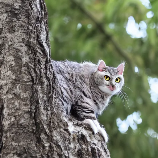 Image similar to cat owl hybrid perched on a tree