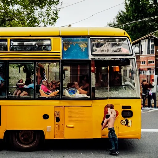 Image similar to A yellow bus with a pool and barbecue filled with people having a party going on a trip, chaotic, mess, crazy, photograph