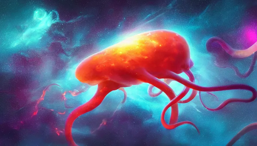 Prompt: anthropomorphic squid floating in a nebula in space, distant vibrant magical lights, volumetric lighting, puffy clouds, digital art, concept art, hyperdetailed