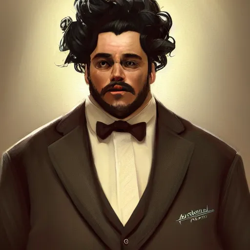 Prompt: a portrait of a short fat man with long curly black hair and a brown suit, D&D, sci-fi, elegant, hopeful, muscular, highly detailed, digital painting, artstation, concept art, smooth, sharp focus, illustration