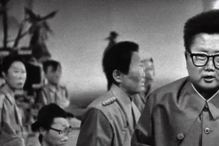 Image similar to a filmstill of Kim Jong-il looking at Starro Kaiju monster destroying Pyongyang, in Rashōmon by Akira Kurosawa (1950), traditional Korean city, palace, epic ultrawide shot, cinémascope