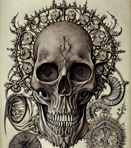 Image similar to memento mori by arthur rackham, art forms of nature by ernst haeckel, exquisitely detailed, art nouveau, gothic, ornately carved beautiful skull dominant, intricately carved antique bone, art nouveau botanicals, ornamental bone carvings, art forms of nature by ernst haeckel, horizontal symmetry, arthur rackham, ernst haeckel, symbolist, visionary