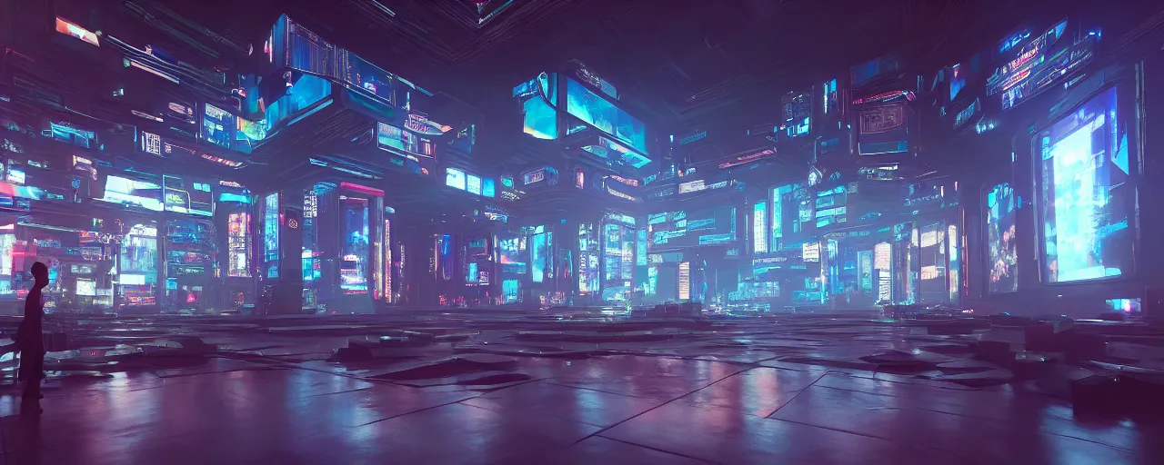 Image similar to an cyberpunk temple made of tv screens, glowing displays, octane render, unreal engine, 8 k, cinematic, artwork by ilya kuvshinov