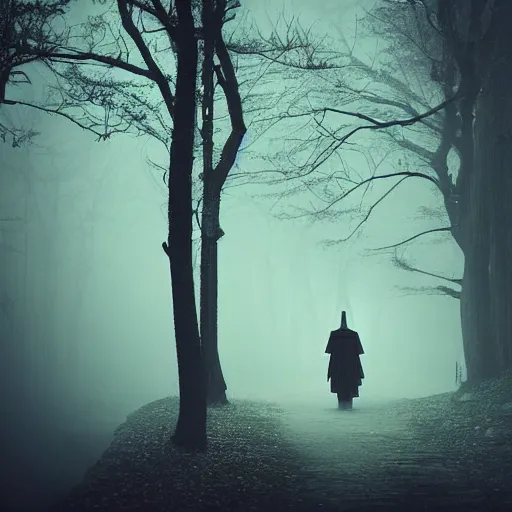 Image similar to a samurai walks alone through the woods at night, gloomy, dark, foggy, night, ominous, dark color, atmospheric, cinematic lighting, intricate detail?