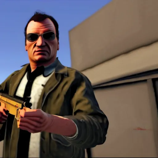 Image similar to extremely cool looking quentin tarantino in the game'gta v '. he shoots at civilians. highly detailed.