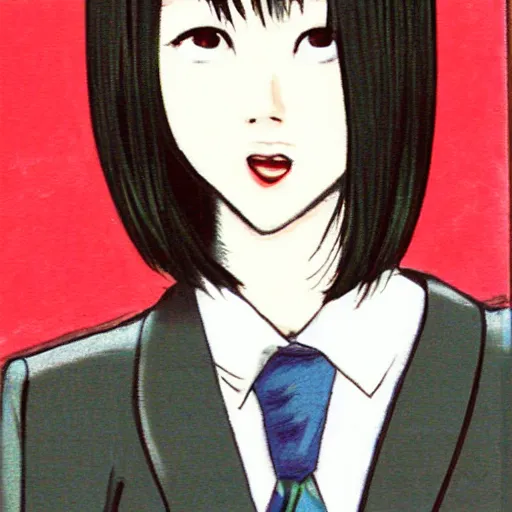 Prompt: a pretty young girl of 2 5, japanese, with big eyes, short shoulder - length hair and a suit ， by ringeko