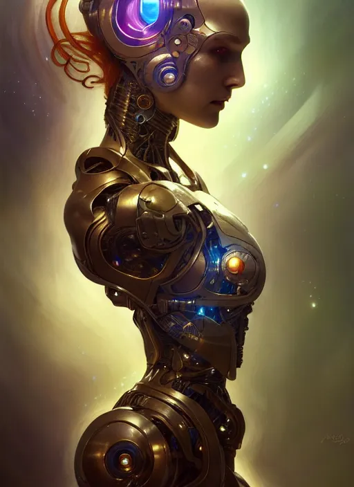 Image similar to cyborg recharging, diffuse lighting, fantasy, intricate, elegant, highly detailed, lifelike, photorealistic, digital painting, artstation, illustration, concept art, smooth, sharp focus, art by John Collier and Albert Aublet and James jean and Brian froud and ross tran and Artem Demura and Alphonse Mucha