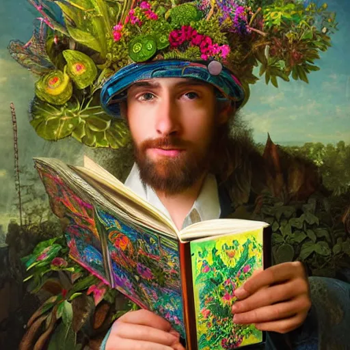 Prompt: HD 8x hyperdetailed collage portrait of a man with a maximalist hat made of plants, reading a book to a child. flamish baroque solarpunk elements. matte background.